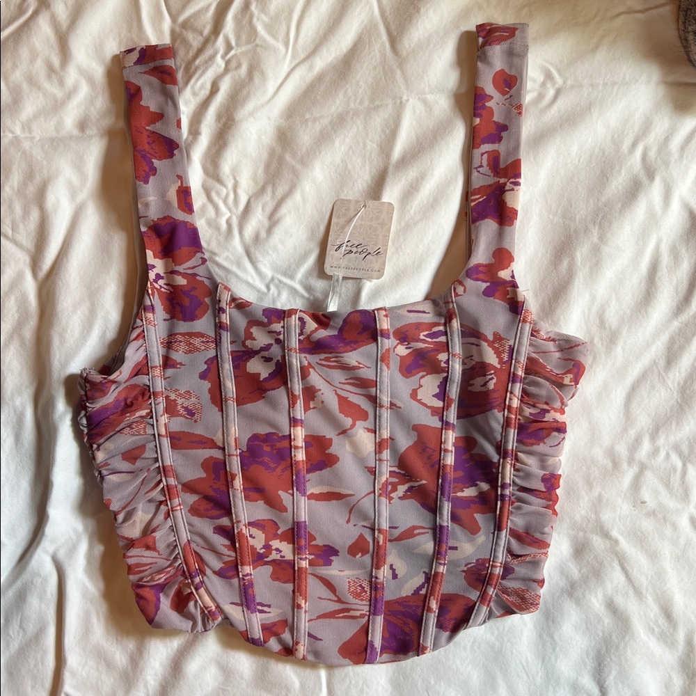 Free People Floral Corset Crop Top Coral Red Violet Small Mesh - Picture 11 of 11